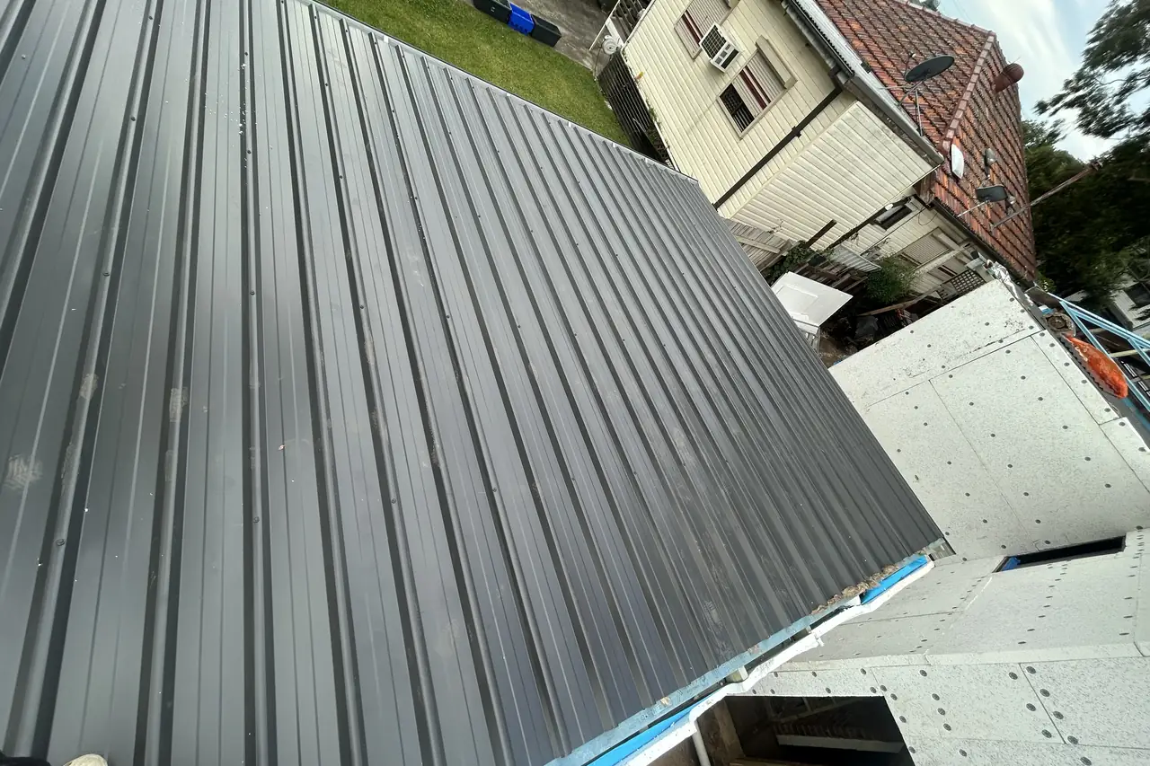 A wide-rib steel roof running down towards an older weatherboard house next door